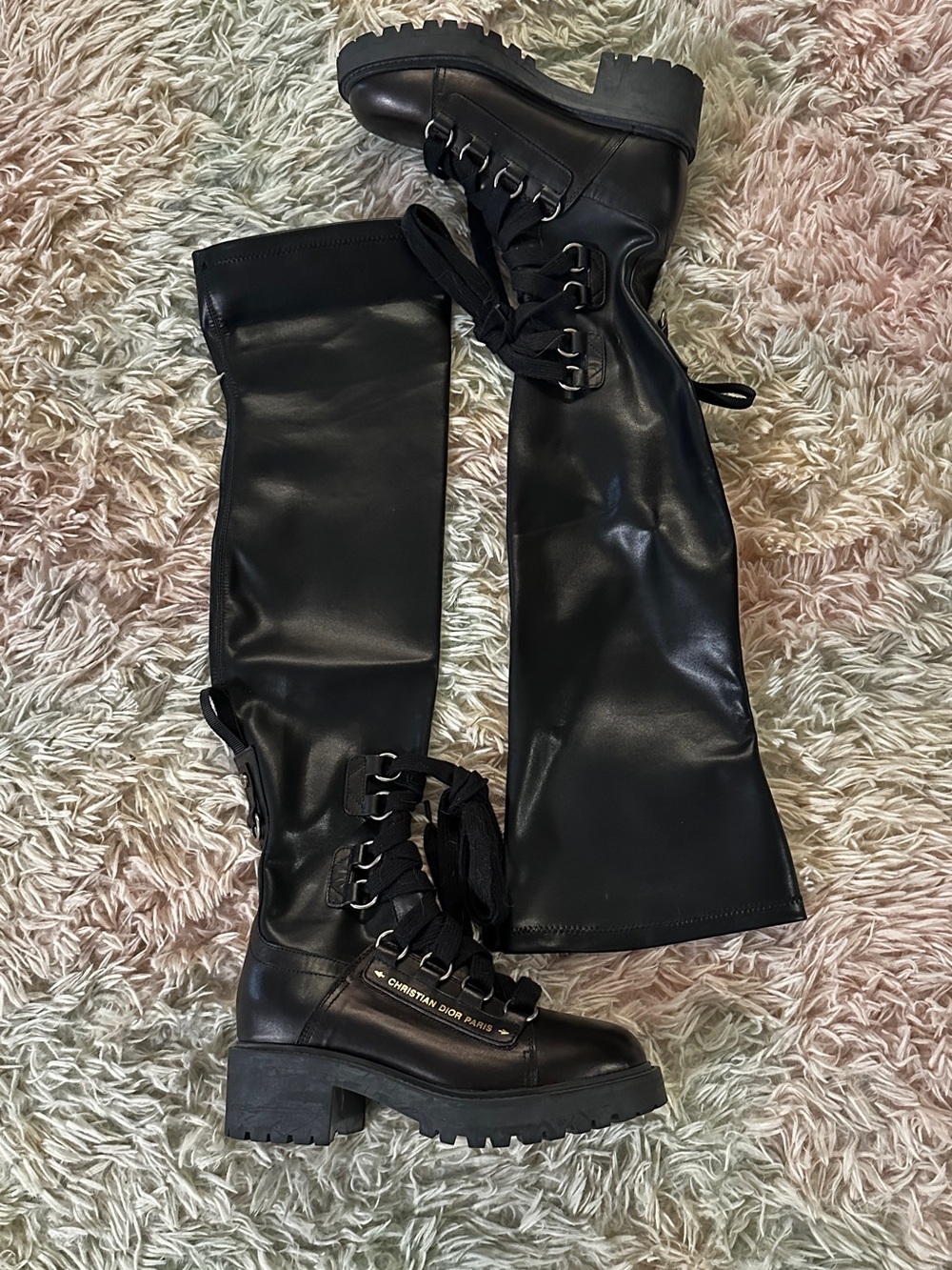 New Dior Over The Knee Lug Sole Black Leather Combat Boots Size 38 - Picture 2 of 8